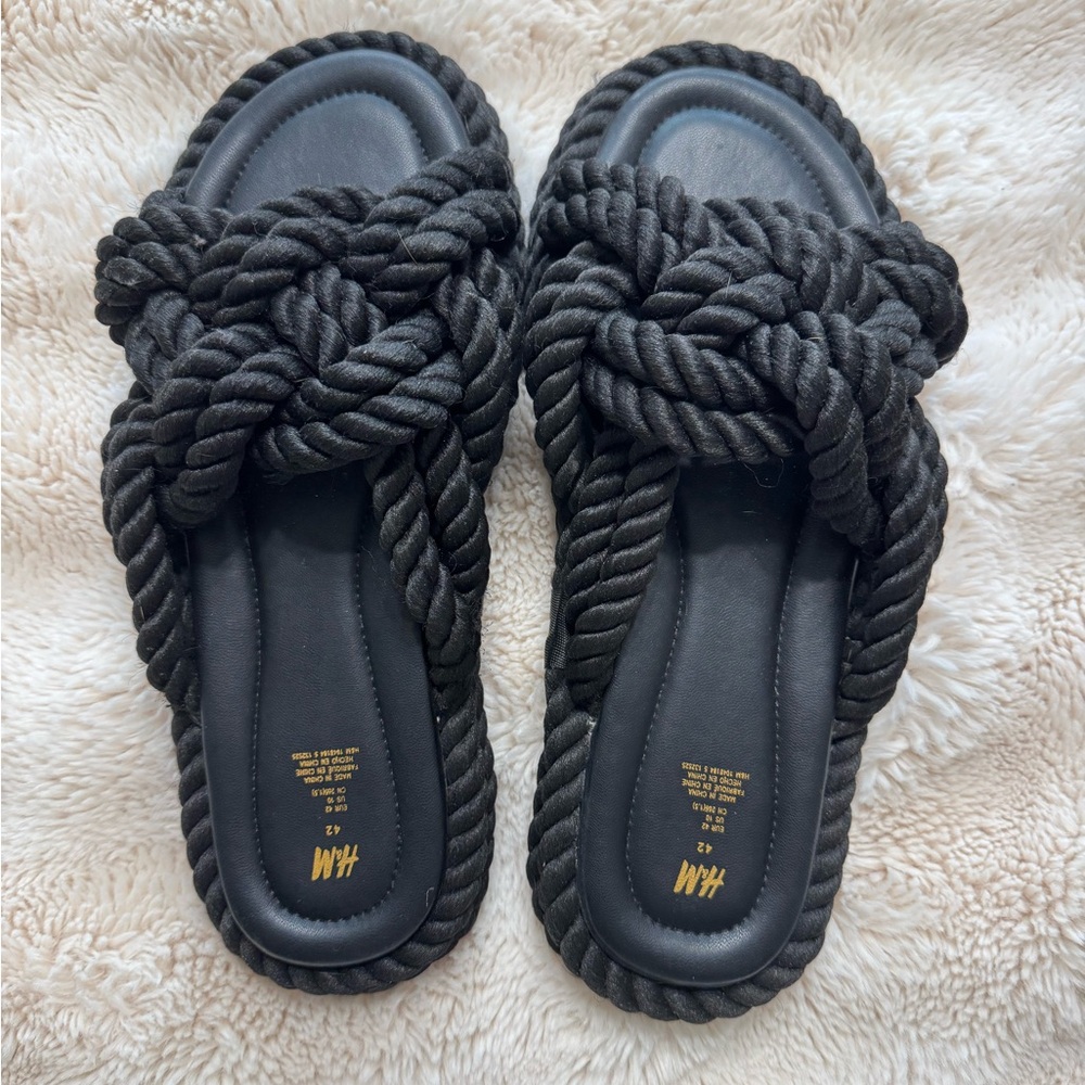 H&M Women's Black Twisted Ropes Slides Sandals Size W 11